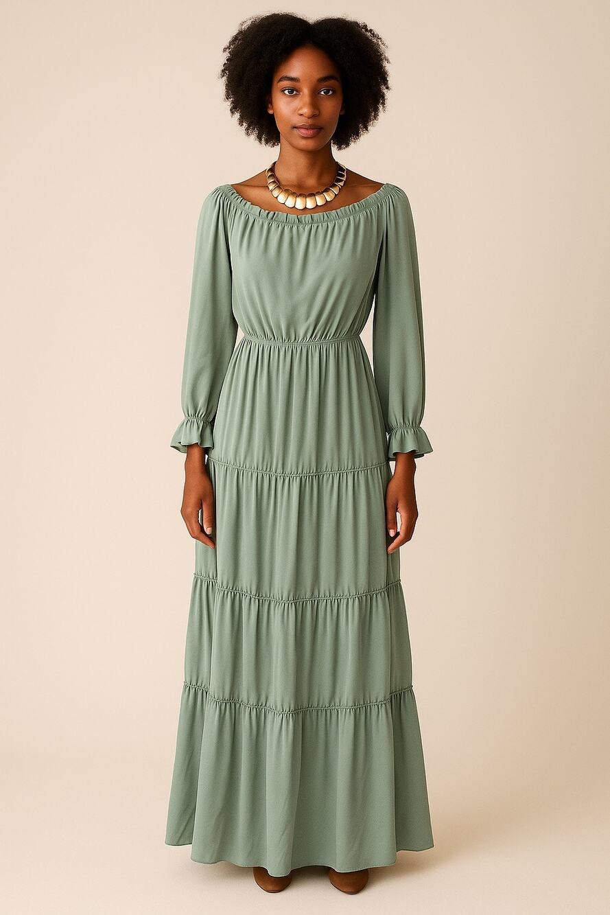 Baltic Born sage Green scoop neck or off the shoulder Gown tiered maxi small